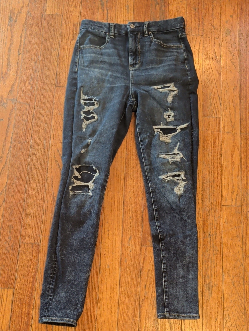 American Eagle Distressed Dark Wash High Rise Jeggings- Dark Blue